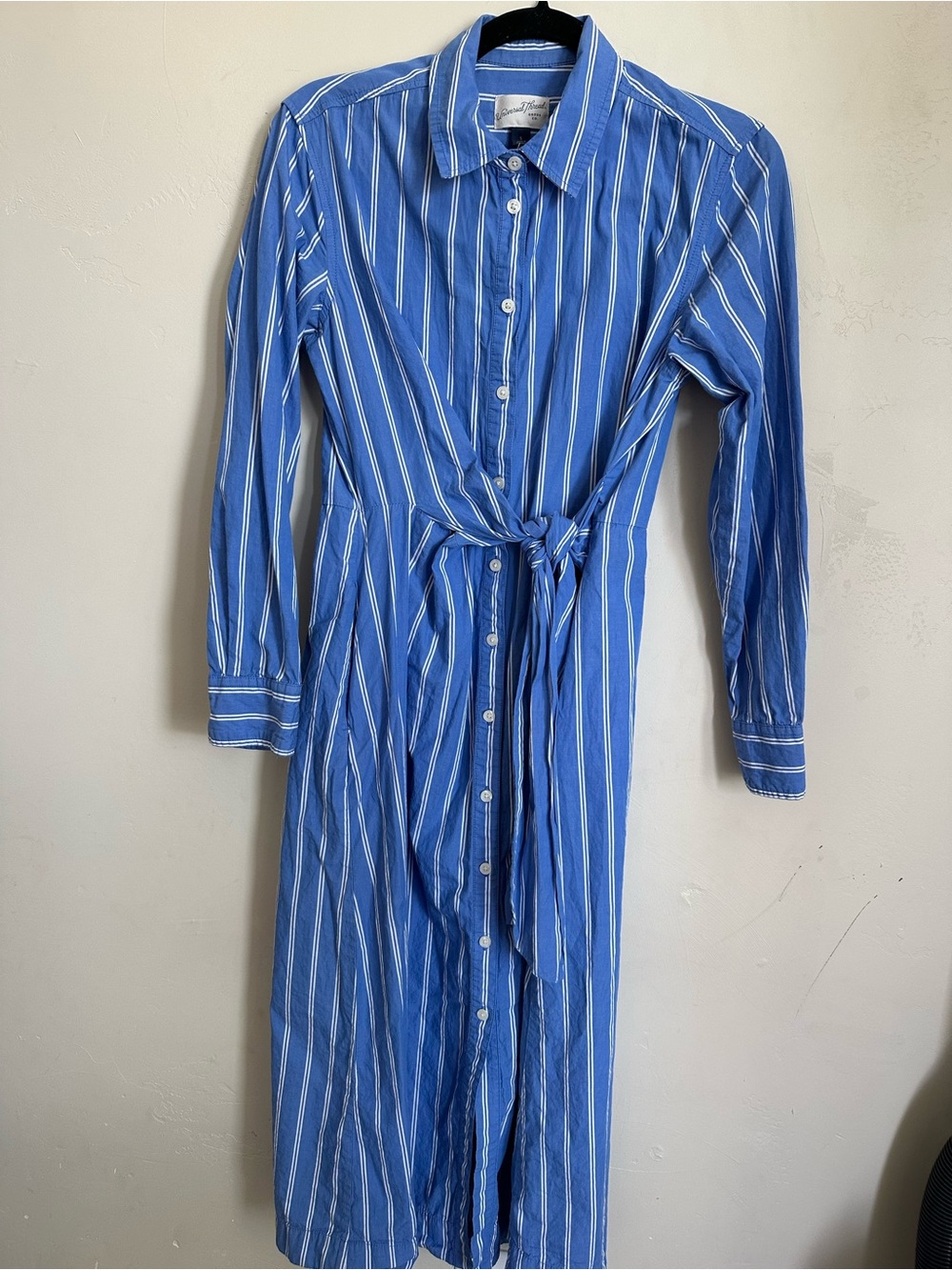 Universal Thread Blue and White Striped Tie-Waist Long Sleeve Shirt Dress